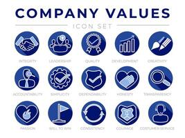 blauw ronde bedrijf kern waarden vlak icoon set. integriteit, leiderschap, kwaliteit en ontwikkeling, creativiteit, verantwoordelijkheid, eenvoud, betrouwbaarheid, transparantie pictogrammen. vector