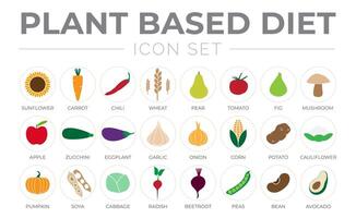 fabriek gebaseerd eetpatroon kleur icoon reeks van zonnebloem, aardappel, Spaanse peper, tarwe, Peer, tomaat, vijg, paddestoel, appel, courgette, aubergine, knoflook, avocado, maïs, wortel, soja, broccoli, erwten, Boon, spinazie pictogrammen. vector
