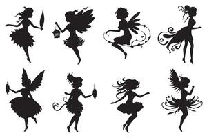 reeks van silhouetten van feeën geïsoleerd Aan wit achtergrond. magisch feeën in de tekenfilm stijl vrij ontwerp vector