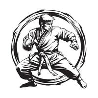 karate ontwerp embleem logo in zwart en wit, illustratie van een krijgshaftig vector