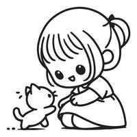 zwart en wit lijn tekening van een jong meisje glimlachen Bij een speels katje, beeltenis onschuld en vreugde. vector