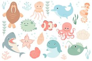 reeks met zee schepsels. vlak, tekenfilm stijl. dieren van zeeën en oceanen. illustratie voor ontwerp. vector