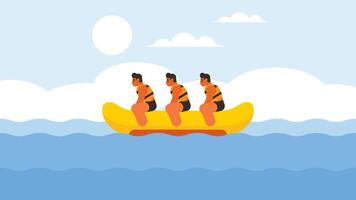 groep van atleten in vakantie rijden banaan boot opblaasbaar boot in de oceaan vector