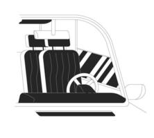auto salon met leeg bestuurder stoel zwart en wit tekenfilm vlak illustratie. voertuig met stuurinrichting wiel 2d lijn kunst voorwerp geïsoleerd Aan wit achtergrond. het rijden monochroom tafereel schets beeld vector