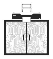 printer met papier vel Aan kabinet zwart en wit 2d lijn tekenfilm voorwerp. het drukken apparaat in kantoor geïsoleerd schets artikelen. zakelijke interieur ontwerp monochromatisch vlak plek illustratie vector