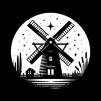 zwart en wit illustratie van een traditioneel oud windmolen in Holland vector