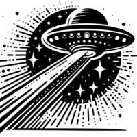 zwart en wit illustratie van een ufo vliegend schotel vector