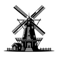 zwart en wit illustratie van een traditioneel oud windmolen in Holland vector