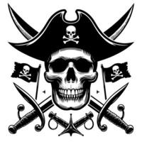 zwart en wit illustratie van piraat symbool met Zwaarden en hoed vector