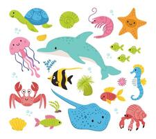 zee leven set. zee dieren. dolfijn, pijlstaartrog, kwallen, vis, krab, zeepaardje. algen en schelpen. tekening tekenfilm illustratie van zee leven voorwerpen voor uw ontwerp vector