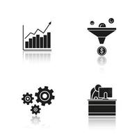 zakelijke slagschaduw zwarte pictogrammen instellen. verkooptrechter, groeimeter, tandwielen en kantoormedewerker. geïsoleerde vectorillustraties vector