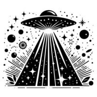 zwart en wit illustratie van een ufo vliegend schotel vector