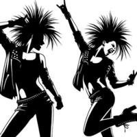 zwart en wit illustratie van een punk- vrouw is dansen en beven in een geslaagd houding vector