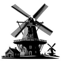 zwart en wit illustratie van een traditioneel oud windmolen in Holland vector