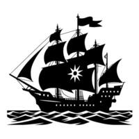 zwart en wit illustratie van piraat schip vector