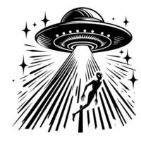 zwart en wit illustratie van een ufo vliegend schotel vector