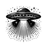 zwart en wit illustratie van een ufo vliegend schotel vector