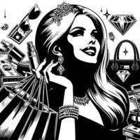 zwart en wit illustratie van een Lucky luxueus boodschappen doen dame met Tassen en diamanten en parfum vector