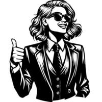zwart en wit illustratie van een vrouw in bedrijf pak is tonen de duimen omhoog teken vector