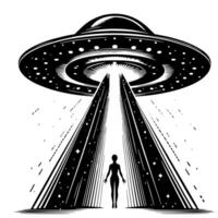 zwart en wit illustratie van een ufo vliegend schotel vector