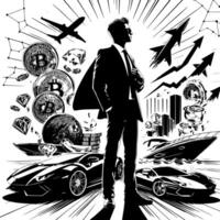 zwart en wit illustratie van een geslaagd bedrijf Mens met bitcoins geld auto's en Luxus vector