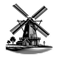 zwart en wit illustratie van een traditioneel oud windmolen in Holland vector