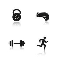 sport en fitness slagschaduw zwarte pictogrammen instellen. gym barbell en kettlebell, running man en bokshandschoen. actieve levensstijl. geïsoleerde vectorillustraties vector