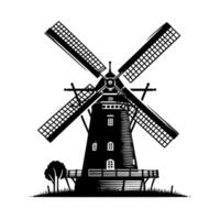 zwart en wit illustratie van een traditioneel oud windmolen in Holland vector