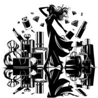 zwart en wit illustratie van een Lucky luxueus boodschappen doen dame met Tassen en diamanten en parfum vector