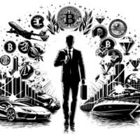 zwart en wit illustratie van een geslaagd bedrijf Mens met bitcoins geld auto's en Luxus vector