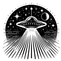 zwart en wit illustratie van een ufo vliegend schotel vector