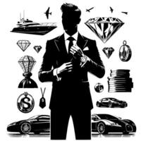 zwart en wit illustratie van een geslaagd bedrijf Mens met geld auto's meisjes en Luxus vector