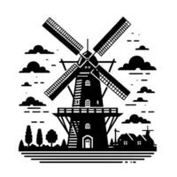 zwart en wit illustratie van een traditioneel oud windmolen in Holland vector