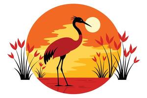 rood gekroond kraan silhouet Bij zonsondergang illustratie vector