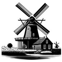 zwart en wit illustratie van een traditioneel oud windmolen in Holland vector