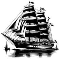 zwart en wit illustratie van een traditioneel oud het zeilen schip vector