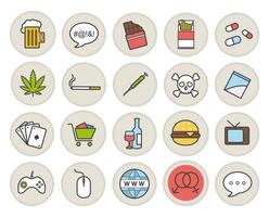 verslavingen en slechte gewoonten gekleurde pictogrammen instellen. roken, alcoholisme, gamen, gokken, zwaarlijvigheid, vloeken, symbolen van drugsmisbruik. geïsoleerde vectorillustraties vector