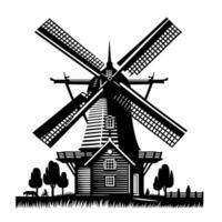 zwart en wit illustratie van een traditioneel oud windmolen in Holland vector