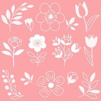 hand- getrokken lineair voorjaar bloemen reeks silhouetten Aan roze achtergrond vector