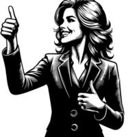 zwart en wit illustratie van een vrouw in bedrijf pak is tonen de duimen omhoog teken vector