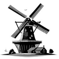 zwart en wit illustratie van een traditioneel oud windmolen in Holland vector