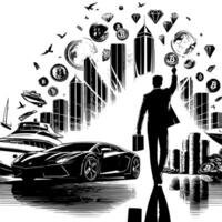 zwart en wit illustratie van een geslaagd bedrijf Mens met bitcoins geld auto's en Luxus vector