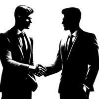 zwart en wit illustratie van een handdruk tussen twee bedrijf mannen in pakken vector