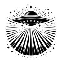 zwart en wit illustratie van een ufo vliegend schotel vector