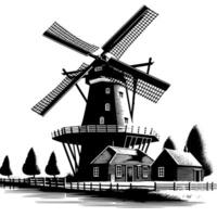 zwart en wit illustratie van een traditioneel oud windmolen in Holland vector