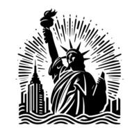 zwart en wit illustratie van de standbeeld van vrijheid bezienswaardigheden bekijken in nieuw york stad vector