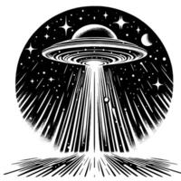 zwart en wit illustratie van een ufo vliegend schotel vector