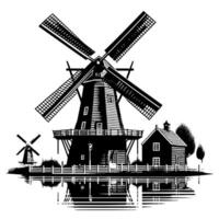 zwart en wit illustratie van een traditioneel oud windmolen in Holland vector