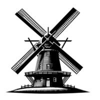 zwart en wit illustratie van een traditioneel oud windmolen in Holland vector