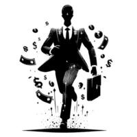 zwart en wit illustratie van een geslaagd bedrijf Mens met geld auto's en Luxus vector